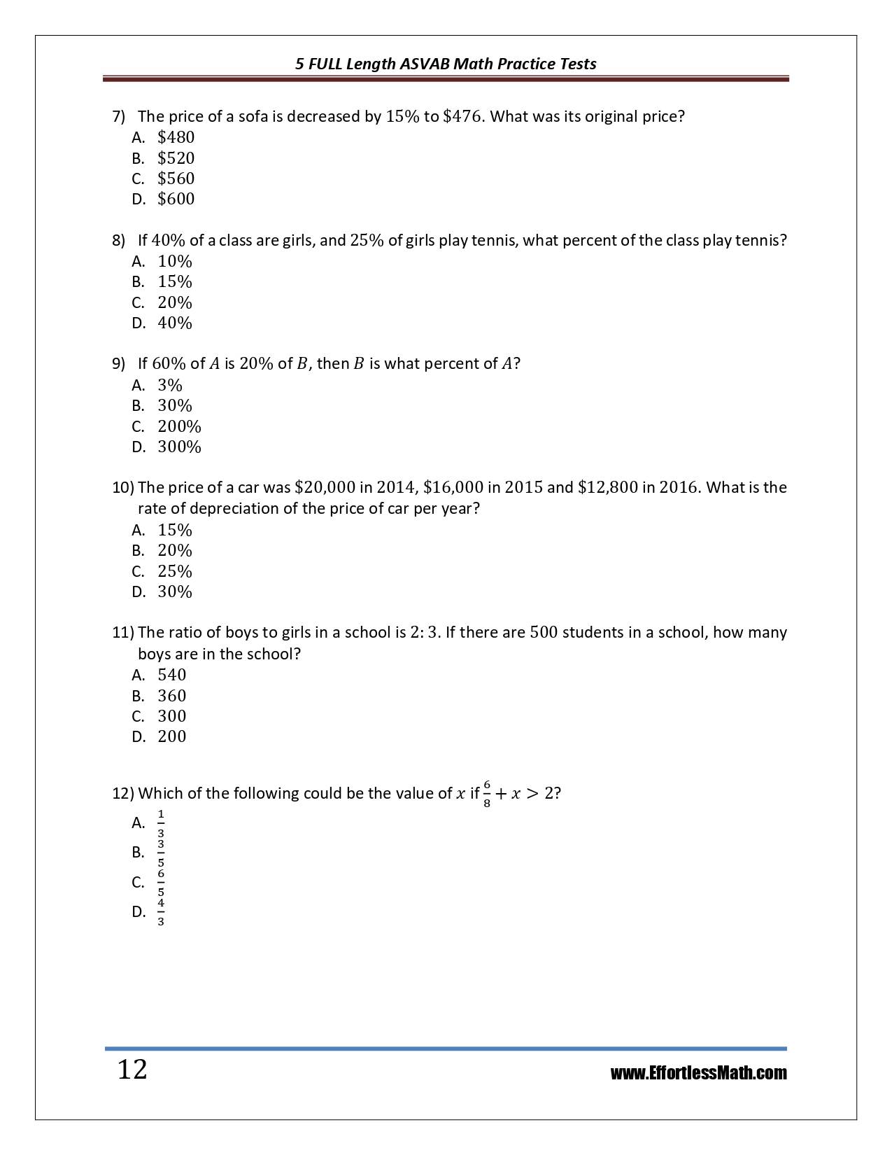 Asvab Math Problems Worksheets