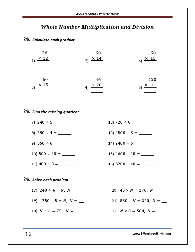 ASVAB Math Exercise Book: Student Workbook and Two Realistic ASVAB Math