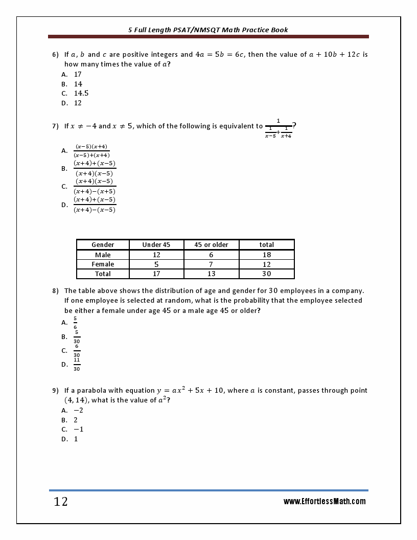 psat math practice test answers