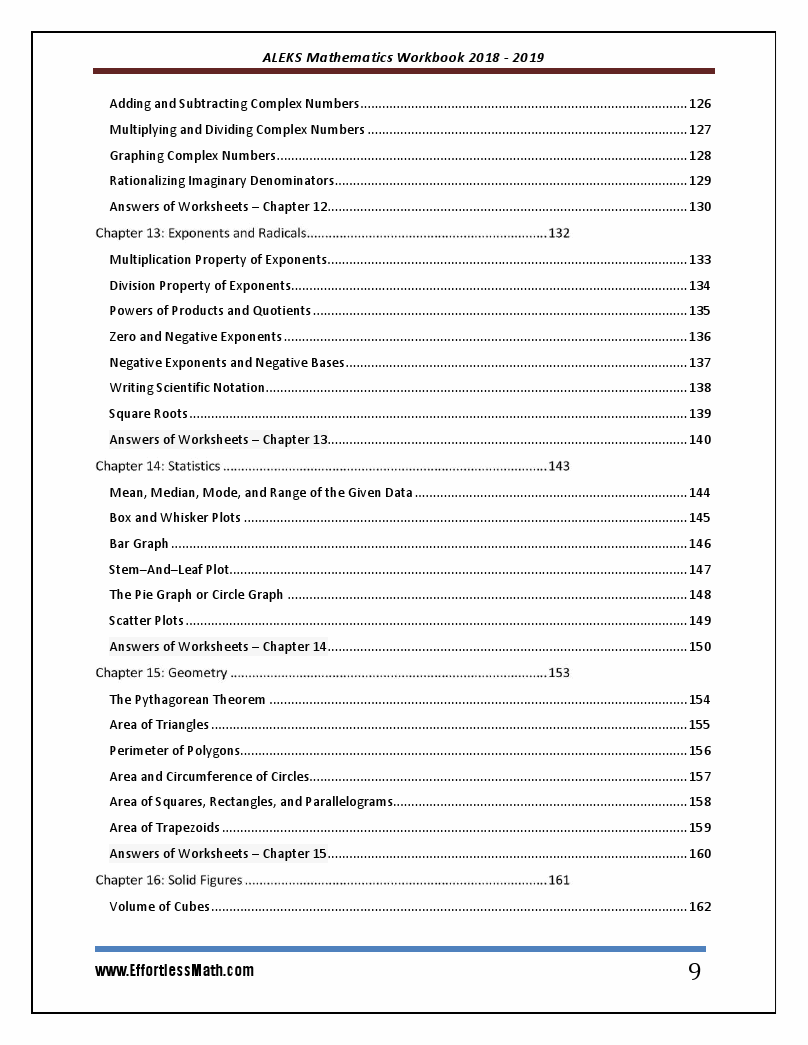 ALEKS Mathematics Placement Assessment Workbook 2018 – 2019: A ...