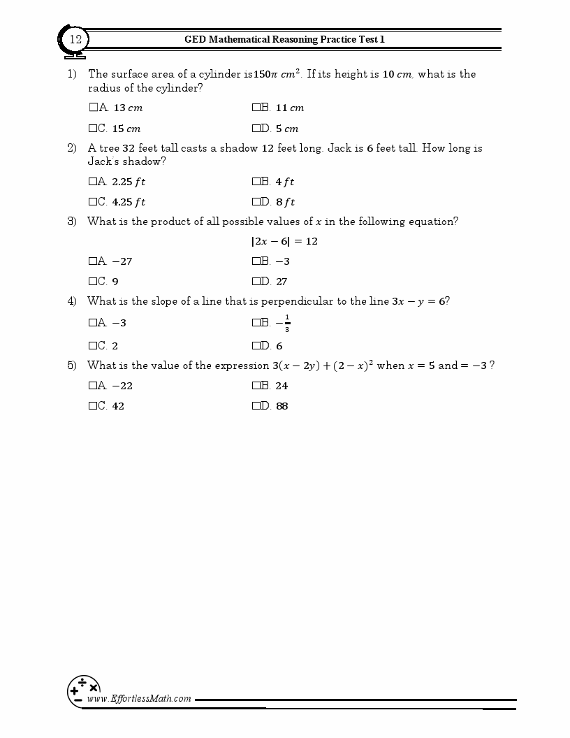 free ged math practice questions