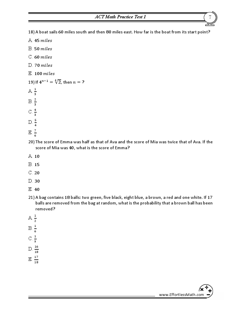 printable act math practice test 72 pre explinations