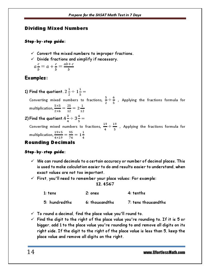 Prepare for the SHSAT Math Test in 7 Days A Quick Study Guide with Two